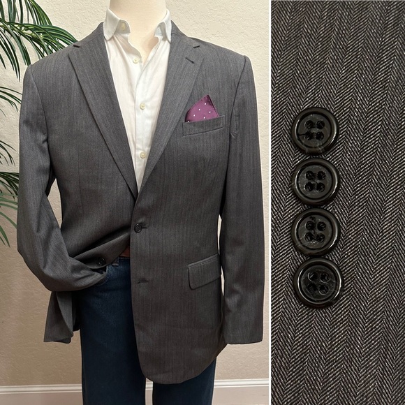 JOS A BANK BLAZER SIZE 44L LONG GRAY SPORT COAT HERRINGBONE JACKET TAILORED FIT